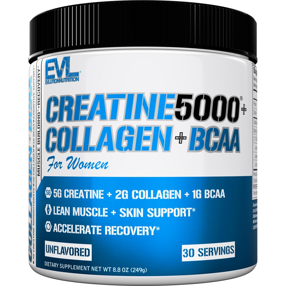 Evlution Nutrition Creatine 5000 + Collagen + BCAA - for Women - Supports Lean Muscle Growth - 5g Creatine Monohydrate, 2g Collagen Peptides & 1g BCAAs Per Serving - 30 Servings - Unflavored Powder