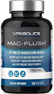 Mag Flush Capsules d'oxyde de magnésium 750mg 120 Vcaps - Supplément d'oxyde de magnésium oxygéné pour le soulagement de la constipation, le nettoyage des colonies, le laxatif et le soutien à la digestion pour les femmes et les hommes