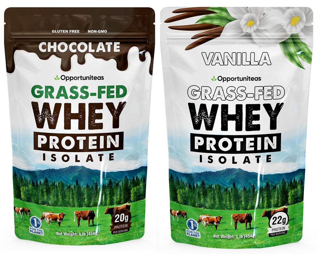 Opportuniteas Grass Fed Chocolate & Vanilla Whey Protein Isolate Powder - Protein Powder Without Artificial Sweeteners, Hormone-Free Cows, Non GMO - 2X 1lb Bundle