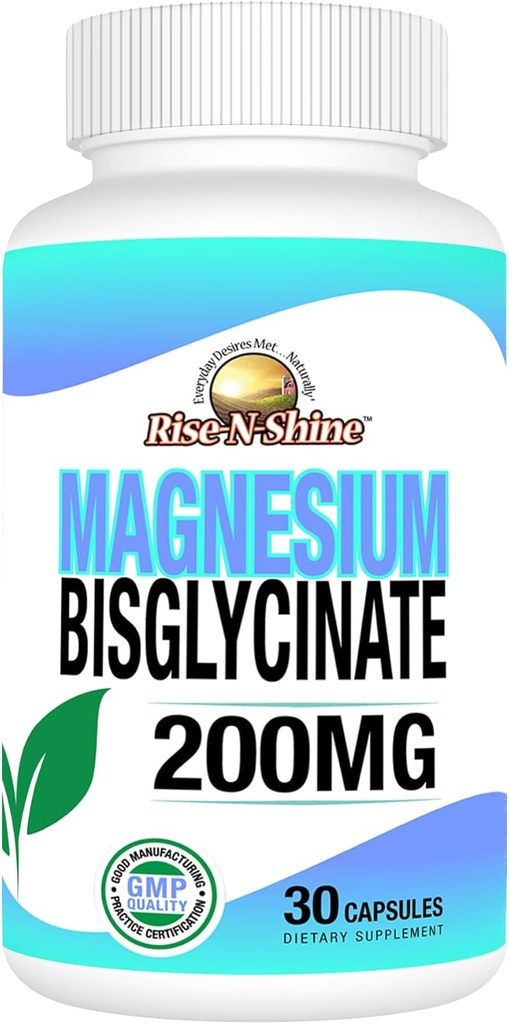 Rise-N-Shine - Bisglycinate de magnésium 200 mg - Soutien articulaire et musculaire - Supplément pour soutenir l'énergie, la digestion et les os - Magnésium pour le soutien du sommeil et le repos (30 capsules)