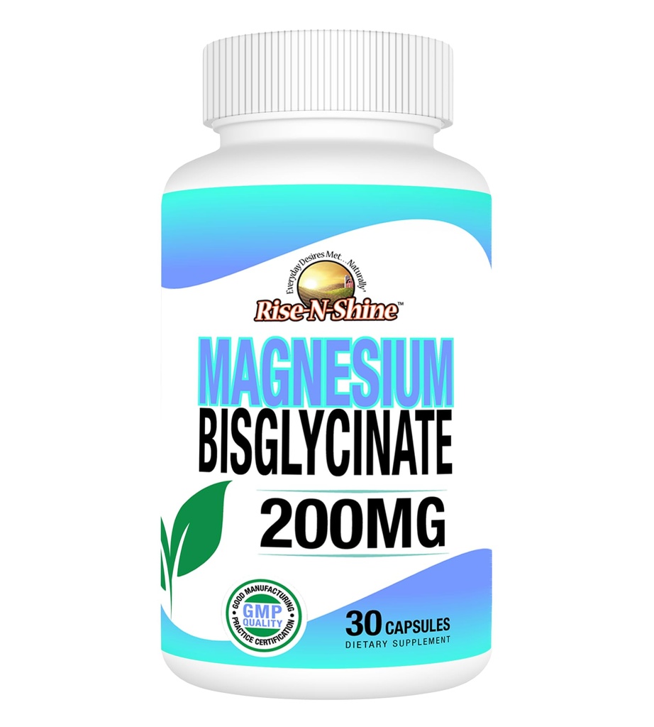 Rise-N-Shine - Bisglycinate de magnésium 200 mg - Soutien articulaire et musculaire - Supplément pour soutenir l'énergie, la digestion et les os - Magnésium pour le soutien du sommeil et le repos (30 capsules)