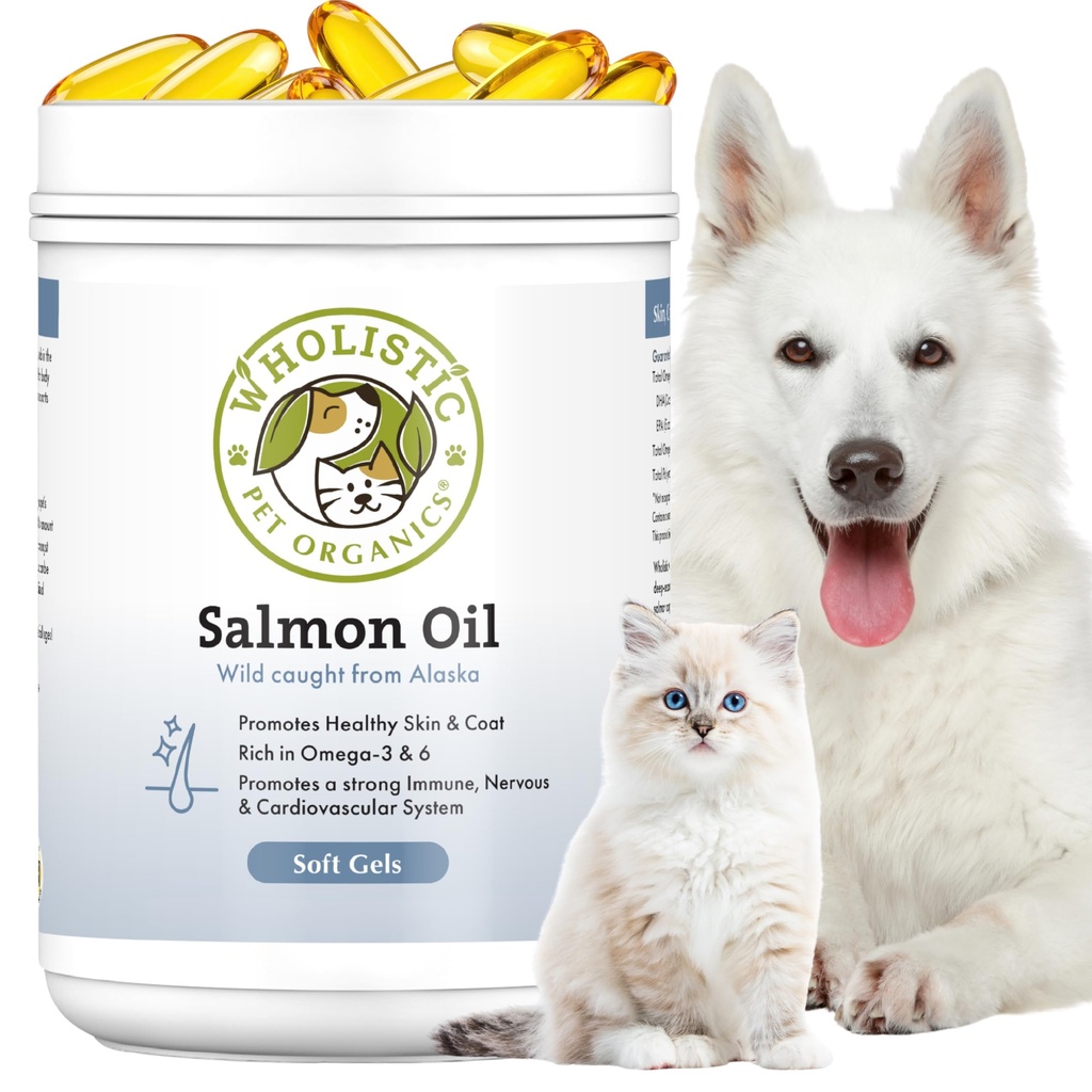 Wholistic Pet Organics Wild Alaskan Salmon Oil for Dogs and Cats - Omega 3 Fish Oil for Dogs & Cats - Cat & Dog Skin and Coat Supplement, Heart and Joint Health - DHA, EPA Omega 3 6 9-500 Soft Gels