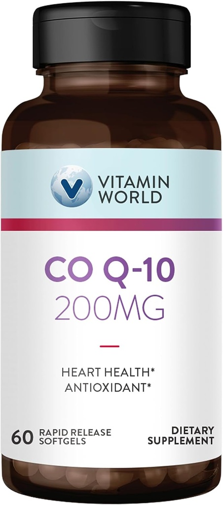 Vitamine World CoQ10 200 mg Softgels, Coenzyme Q10 suppléments pour le soutien antioxydant, la santé cardiaque et la production d'énergie, sans gluten, 60 Softgels à libération rapide