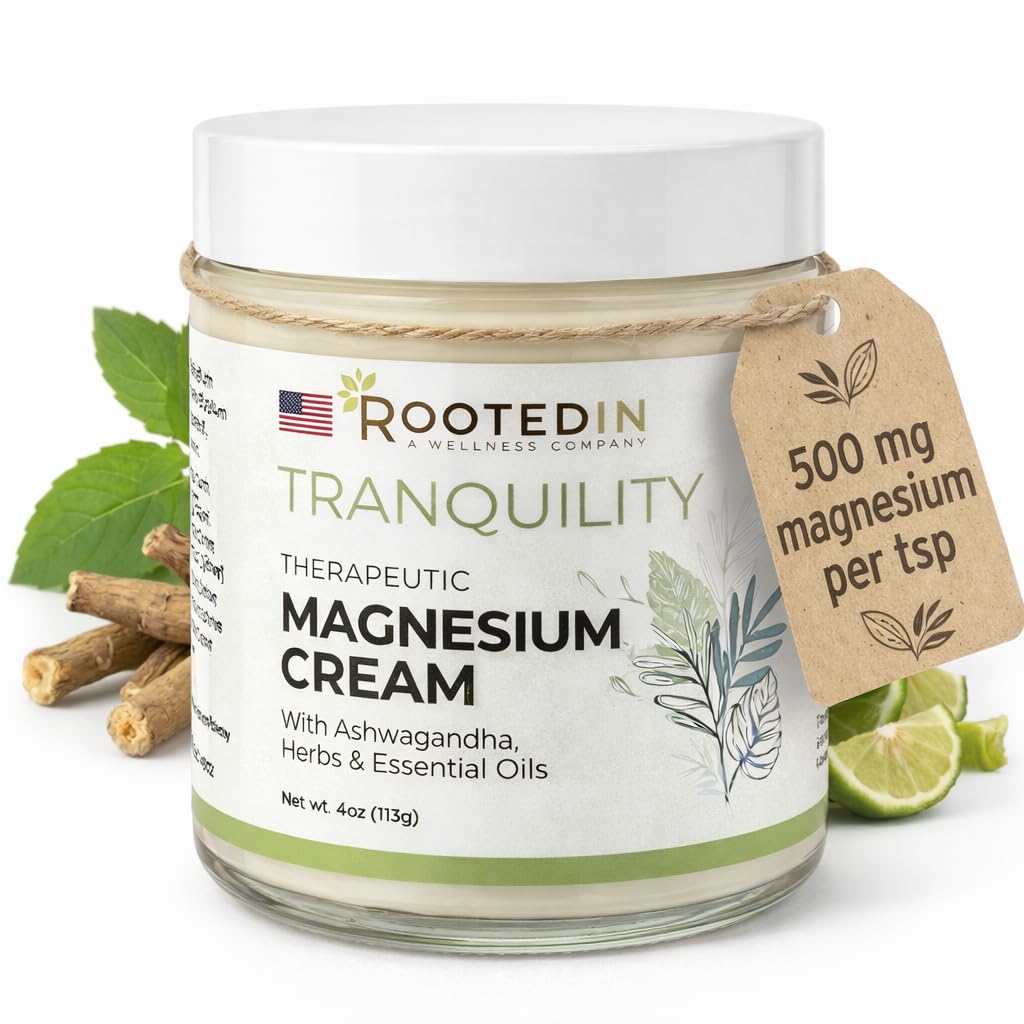 Rooted In Magnesium Cream with Ashwagandha – Calming Botanical Body Lotion – High-Concentration Topical Magnesium for Daily Relaxation & Skin Nourishment – 4oz Glass Jar