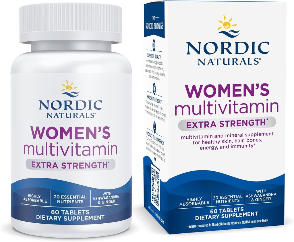 Nordic Naturals Women’s Multivitamin Extra Strength - Skin, Hair, Energy, & Bone Support - Immunity Supplement - 20 Essential Nutrients - 60 Tablets - 30 Servings