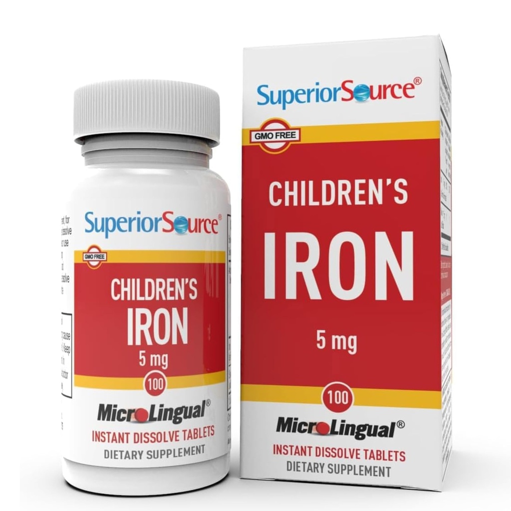 Superior Source Children?s Iron 5 mg - Ferrous Fumarate Supplement for Kids - Iron Supplement for Cell Health & Development Support - Supplement Tablets for Toddlers - 100 Instant Dissolve Tablets