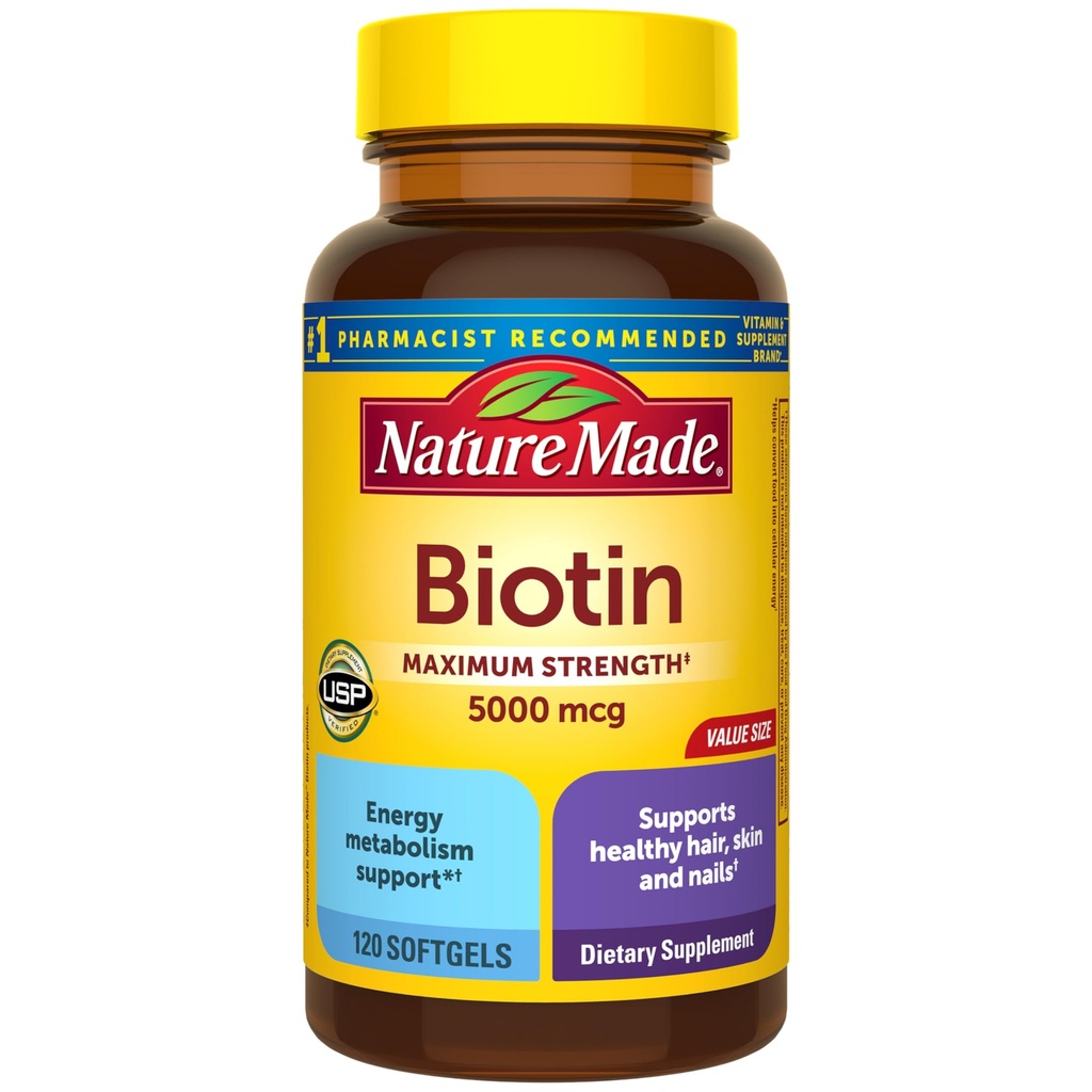 Nature Made Maximum Strength Biotin 5000 mcg Softgels, Biotin Peau de cheveux et ongles Vitamines Supplément diététique, 120 Compte