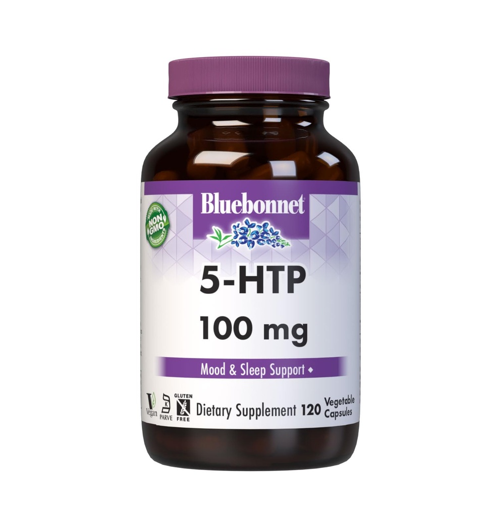 Bluebonnet Nutrition 5-HTP(Hydroxytrypophan) 100mg, pour le soutien des neurotransmetteurs*, soutient l'humeur positive*, sans soja, sans gluten, sans OGM, certifié Kosher, végétalien, blanc,120 Capsule végétale