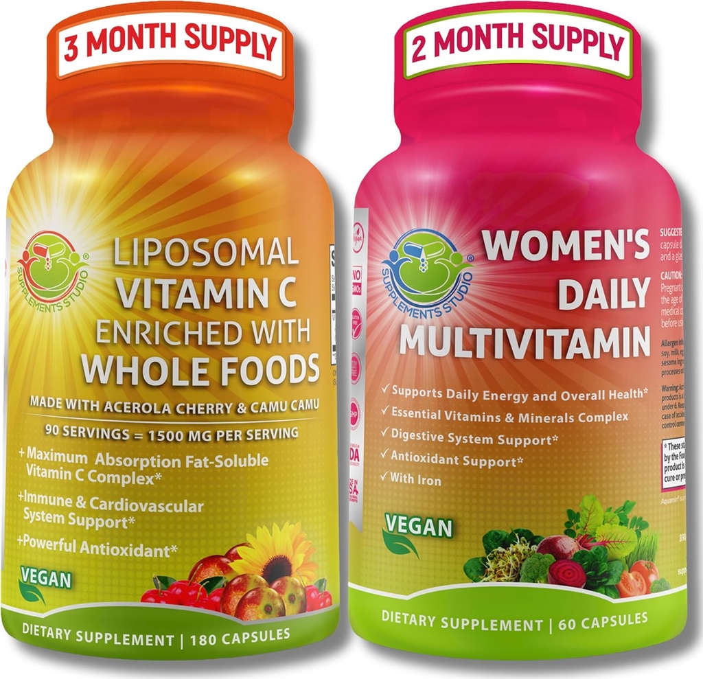 Ensemble d'antioxydants et de soutien immunitaire - Vitamine liposomique C 1500mg avec cerise acérola biologique & Camu Camu + Multivitamine quotidienne pour femmes avec fer, superaliments, probiotiques et enzymes – végétalien, non-OGM