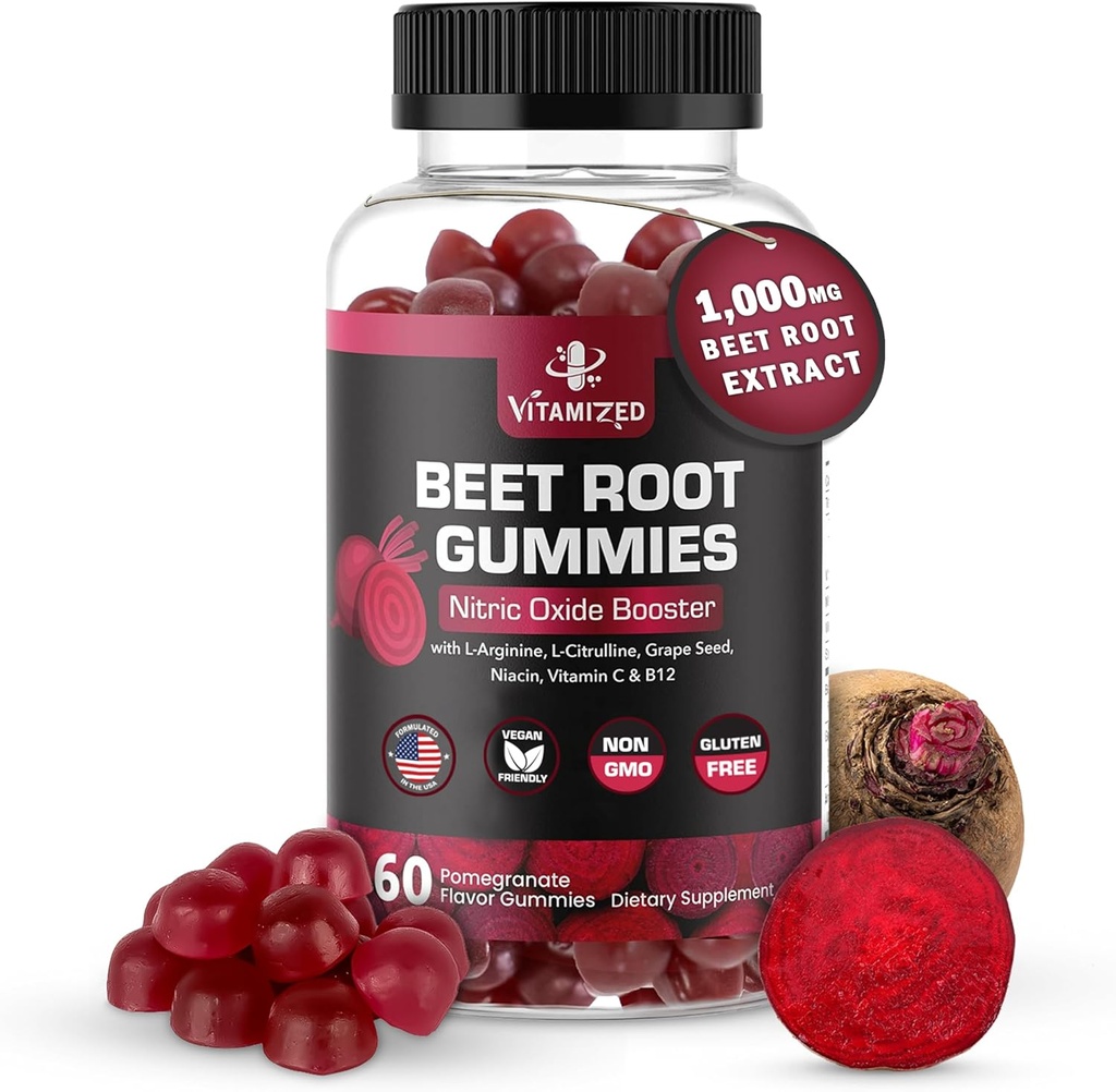 Gommies de racines de betteraves - Supplément de betteraves à oxyde nitrique - Coeur de betteraves rouges Mâcher avec la puissance des graines de raisin et B12- Flamenate de grenade, 60 betteraves à chétive