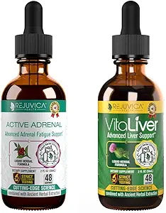 Rejuvica Santé Adrenal actif + VitaLiver - Soutien Stress + Foie - Livraison liquide pour une meilleure absorption - Rhodiola, Thistle de lait, Basilic Saint, Artichaut,