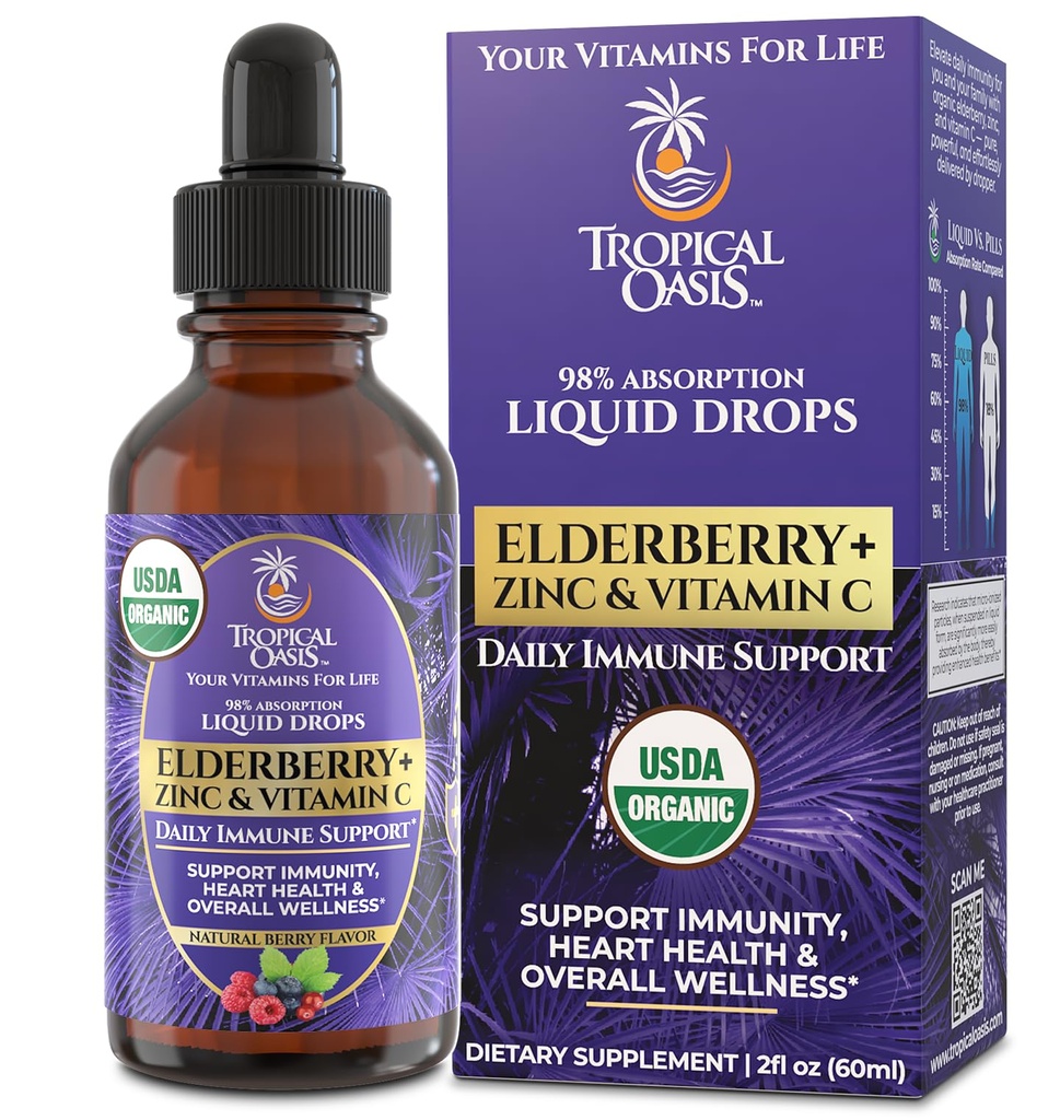 Tropical Oasis USDA Organic Elderberry Liquid Drops with Vitamin C & Zinc | Immune Support for Adults & Kids | Antioxidant | Sugar Free | Vegan | Non-GMO | 2 Fl Oz