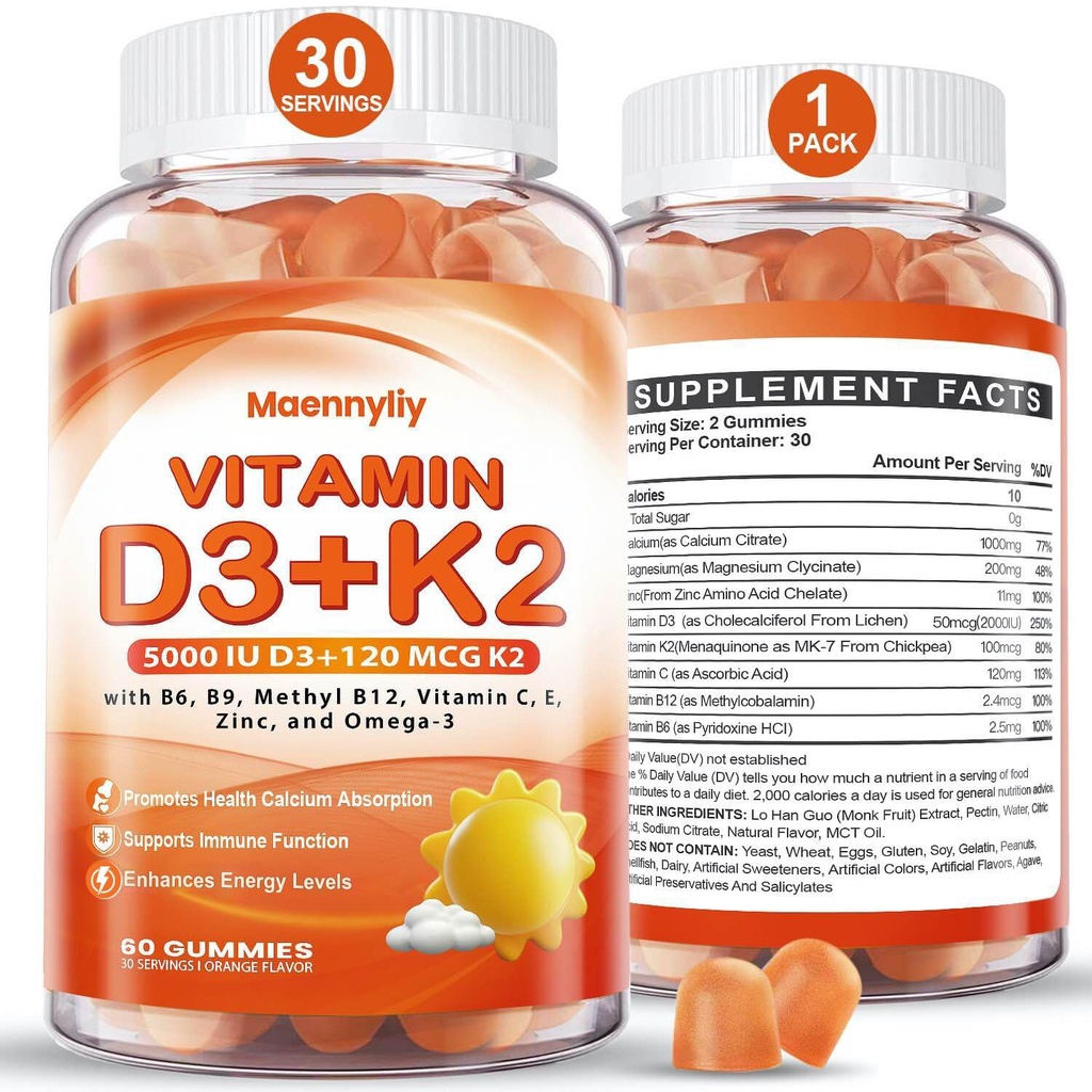 Vitamine D3 K2 Gommies pour adultes - Vitamine D3 5000IU + K2 (MK-7) 120mcg - Suppléments sans sucre D3 et K2 avec Oméga-3, méthyl B12, B9, B6, Vitamines E et zinc - pour l'absorption de calcium et la santé immunitaire