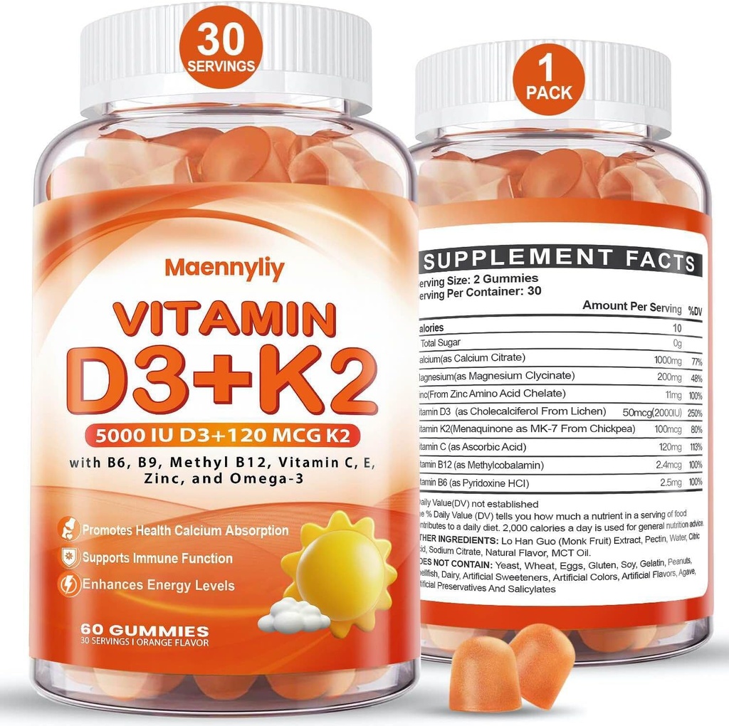 Vitamine D3 K2 Gommies pour adultes - Vitamine D3 5000IU + K2 (MK-7) 120mcg - Suppléments sans sucre D3 et K2 avec Oméga-3, méthyl B12, B9, B6, Vitamines E et zinc - pour l'absorption de calcium et la santé immunitaire