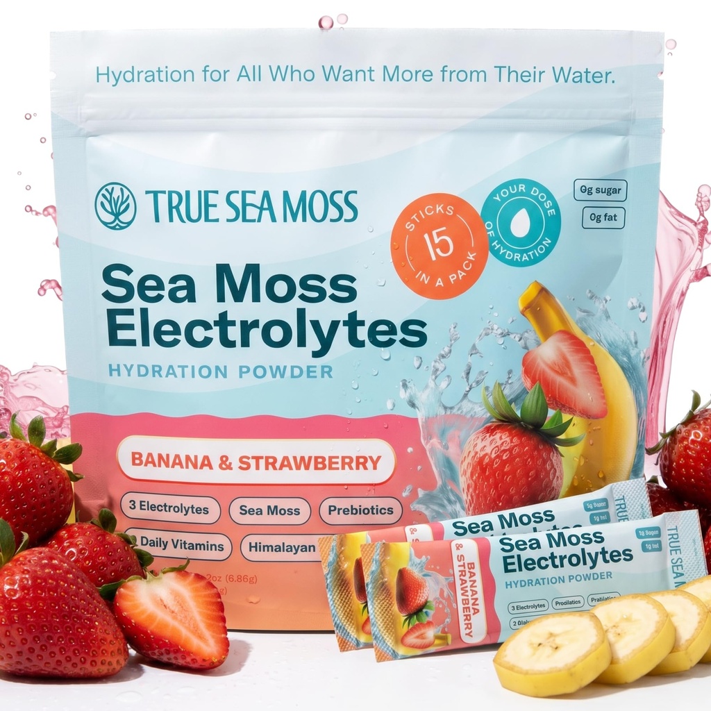 TrueSeaMoss Electrolytes Powder Concentrate Packets – Made in USA – 15 Stickpacks – Hydration Powder with Sea Moss and Potassium – No Sugar Drinks – Banana & Strawberry