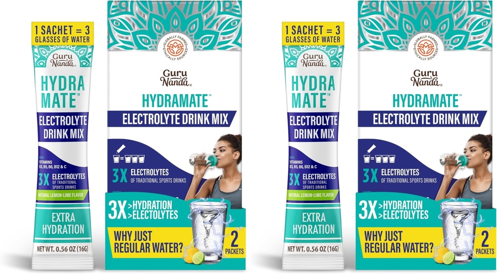 GuruNanda Hydramate Hydration Support Drink Mix - Electrolyte Powder Packets for Dehydration, Exercise & Energy - No Added Sweeteners, Non-GMO, Natural Lemon Lime Flavor - 2 Count (0.56 oz Each)