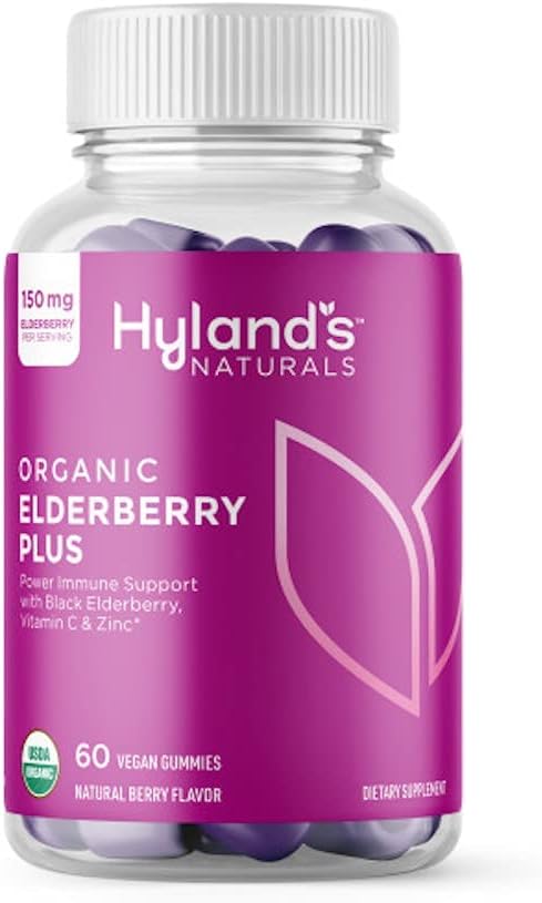 Hyland's Organic Elderberry Plus Gummies, Aileron noir biologique avec ZINC et vitamine C, Supplément de soutien immunitaire pour adultes, 60 Gummes végétaliens (30 jours)