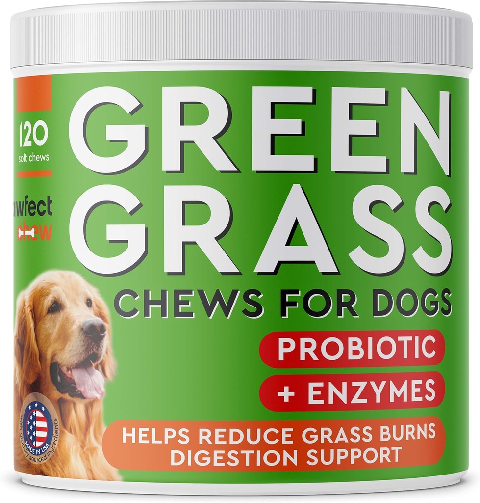 PAWFECTCHEW Aide à l'herbe de Pois de chien - Traitement à l'herbe pour l'urine de chien - Neutralisateur d'urine de chien pour les taches de brûlure d'herbe - Pois de chien soin de pelouse avec probiotiques - Fabriqué aux États-Unis - 120 Chews