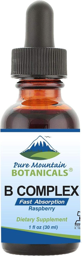 Complexe Vitamine B liquide de montagne Pure Mountain Botanicals - Flacon de framboise Kosher B Vitamine complexe avec B12, B6, Thiamin, Biotine, Niacine - bouteille de 1oz