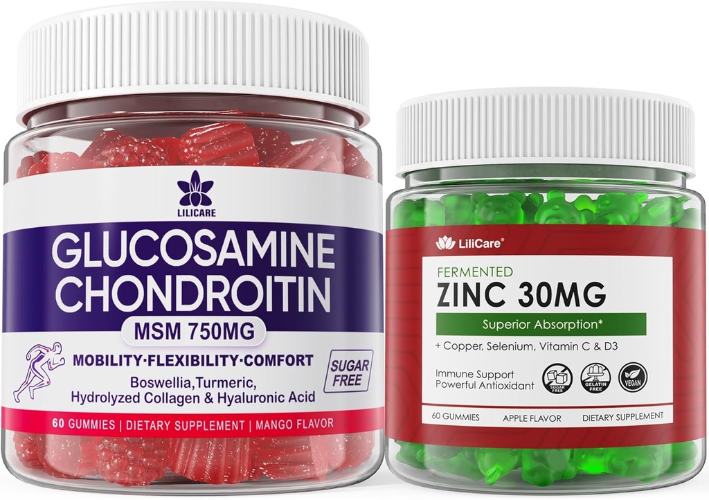 Gommies de zinc sans sucre 2 Pack + Glucosamine Chondritine Gommies 2 Pack