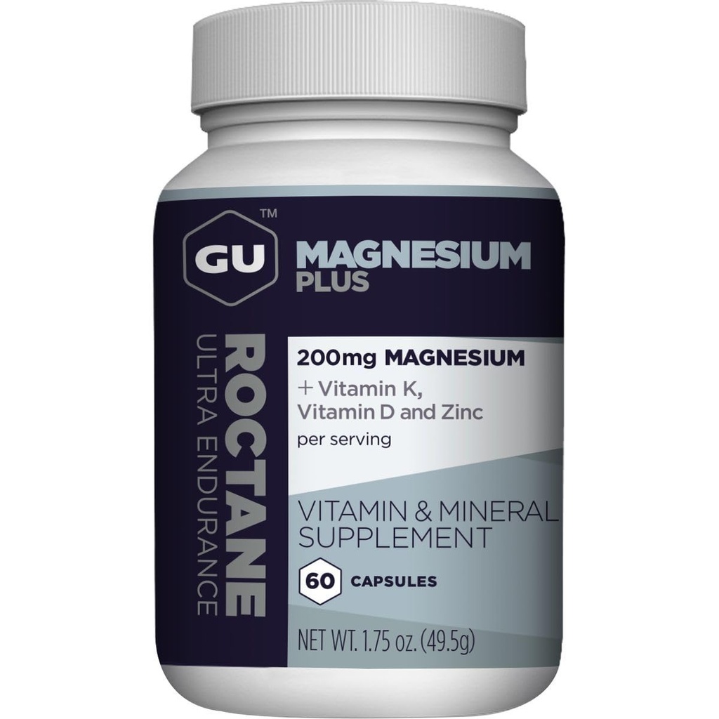 GU Energy Roctane Magnésium Plus Capsules avec Vitamine K, D et Zinc, Choix Informé, Soutien de récupération après toute séance d'entraînement, Bouteille 60-Count (1-Mois)