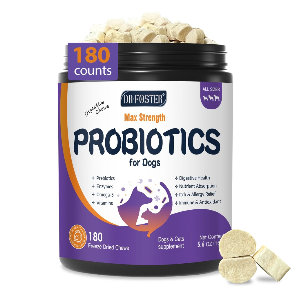 DRFOSTER Probiotics for Dogs, Freeze-Dried Dog Probiotics and Digestive Enzymes, Plus Omega-3 for Itchy Skin, Prebiotics for Digestive Health, Dog Vitamins and Supplements for Immune Health, 180 Bites