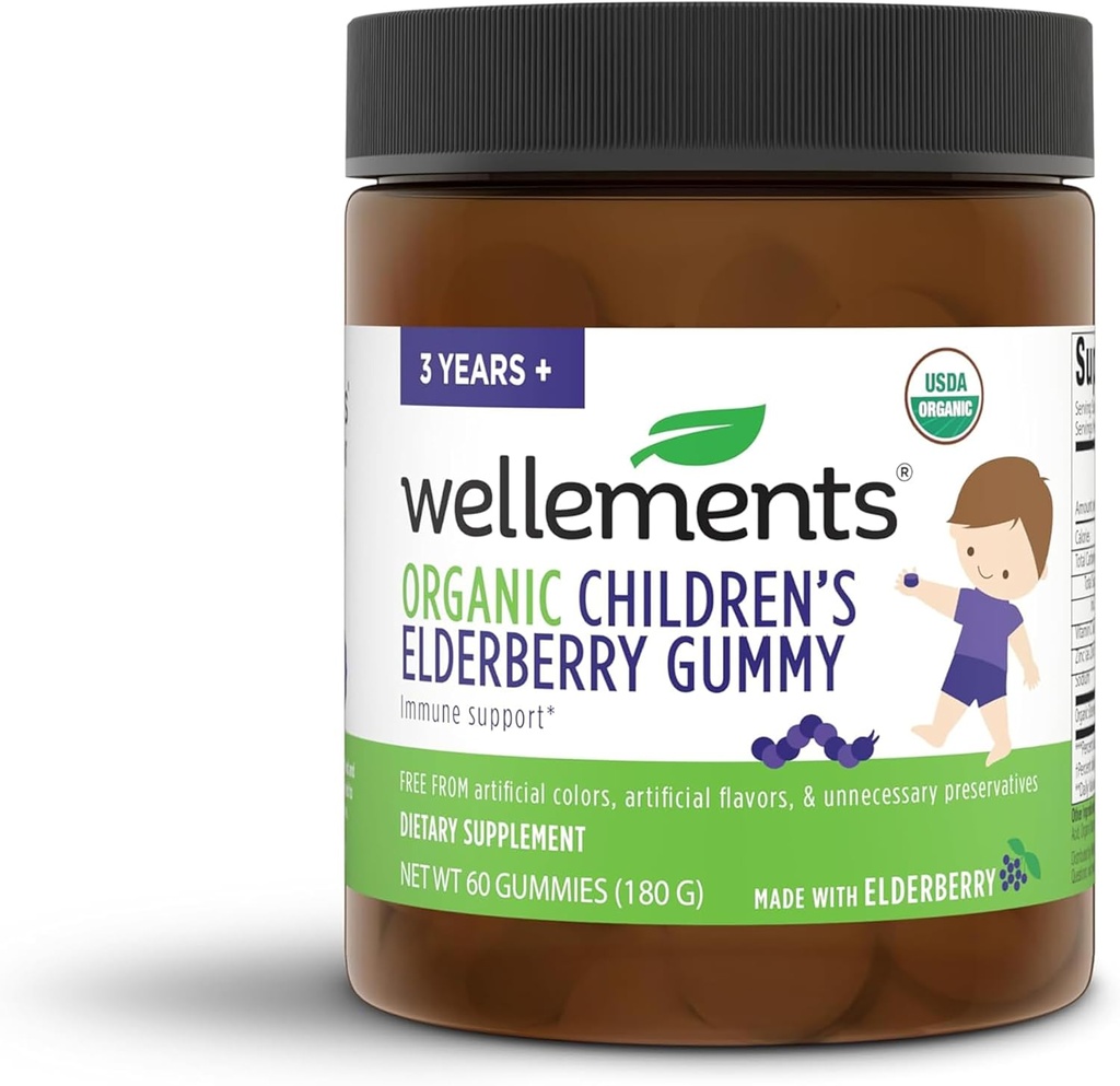 Wellements Gummy de la baie d'ail des enfants biologiques , Gummies de soutien immunitaire pour les enfants quotidiens*, fabriqués avec de la vitamine C et du zinc, certifiés biologique USDA, sans colorant artificiel , 2 ans +, 60 comte