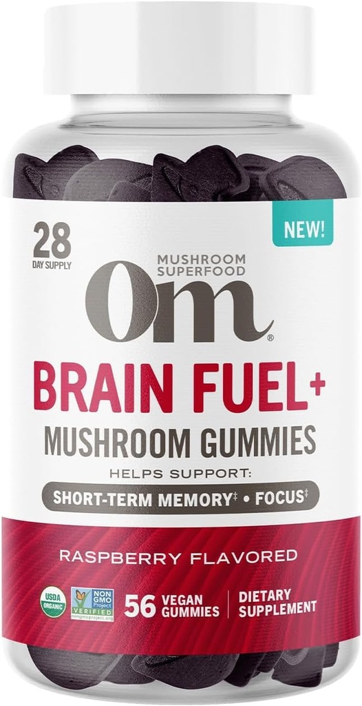 Om Mushroom Superfood Cerveau Fuel+ Gommies, 28 portions, supplément de gommy aux framboises avec la Mane de Lion pour la mémoire et le focus