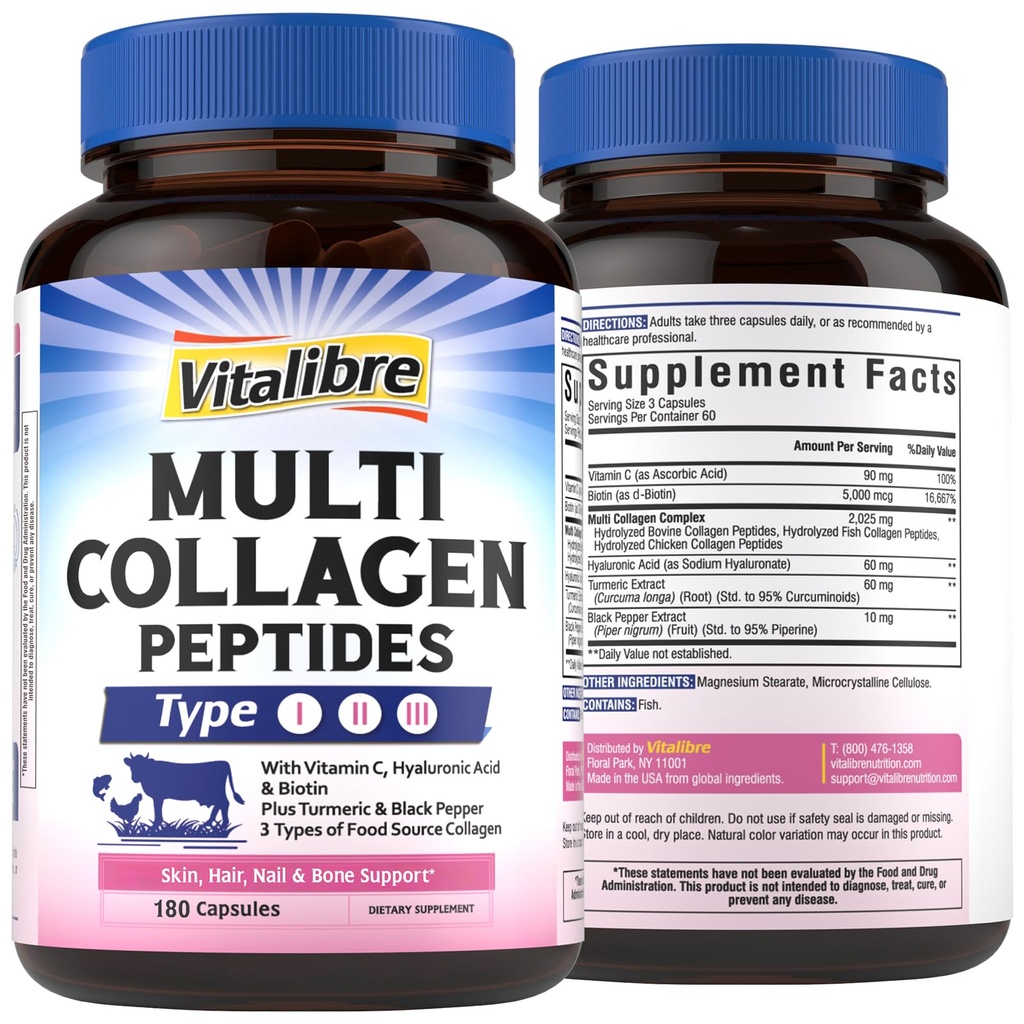 Vitalibre Multi Collagen Peptides, Hydrolyzed, Type I, II, III, Vitamin C, Biotin, Hyaluronic Acid, Turmeric & Black Pepper, Skin, Hair, Nail & Mobility Support, Non-GMO, 180 Caps