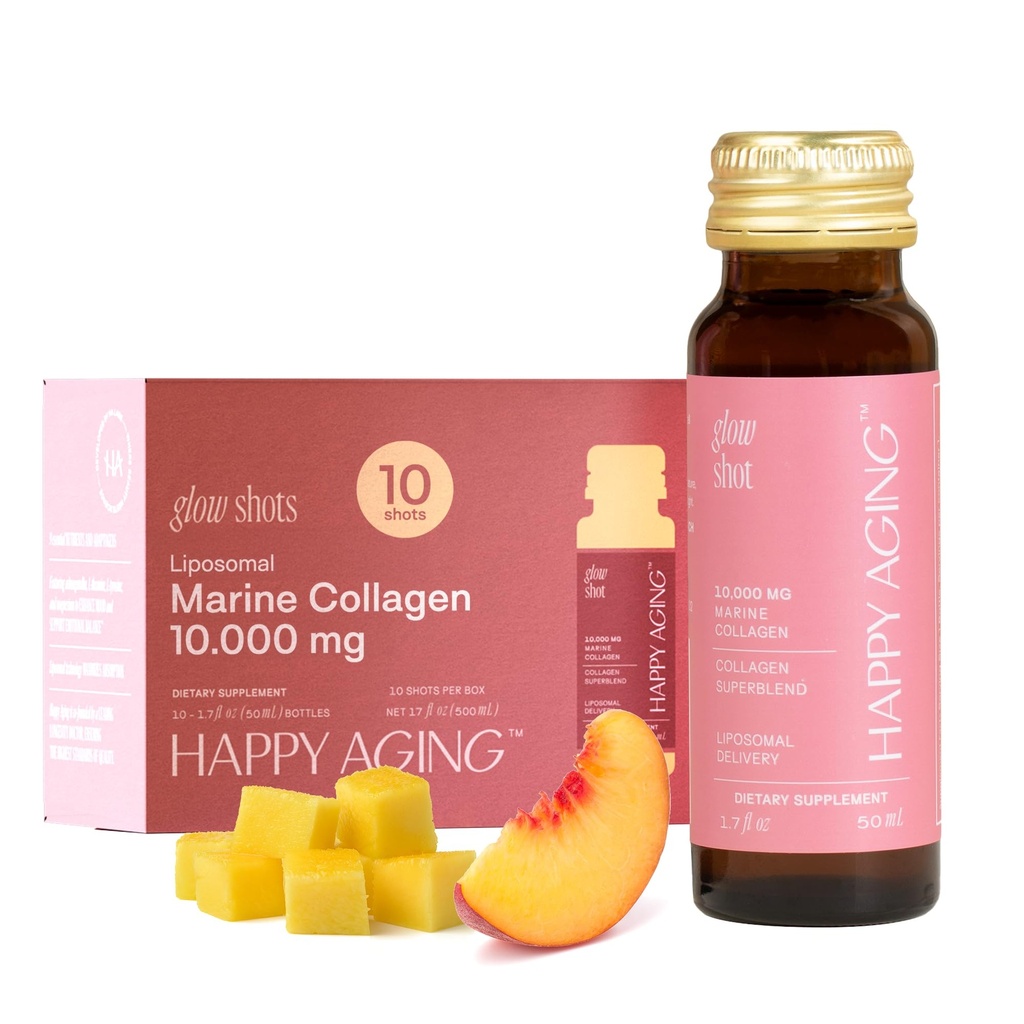 Happy Aging Marine Collagen Peptides Glow Shot 10,000mg - Liquid Collagen for Women with Liposomal Delivery - Promotes Skin Hydration, Elasticity & Radiance - Supports Hair & Nails, 10 Shots