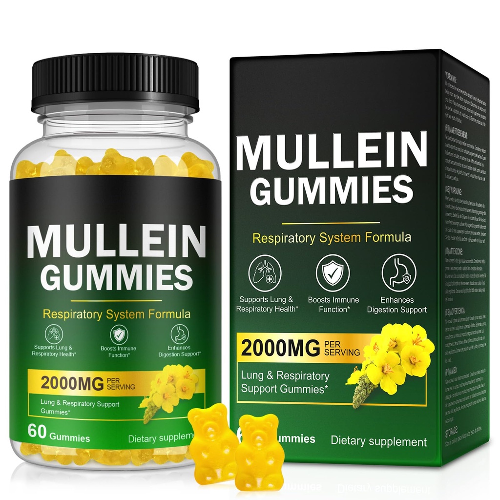 Mullein Gummies for Lungs, Mullein Extract for Smokers - Support Lung & Respiratory Health, Soothes Throat Irritation, Boost Immune - Mullein Leaf Extract for Lungs, Breathe Easier - 60pcs