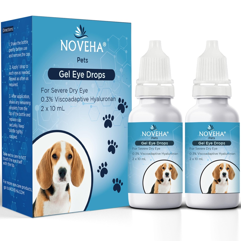 NOVEHA Pet Gel Eye Drops with 0,3% Viscoadaptive Hyaluronan. Solution pour les yeux secs sévères - Hydratation longue durée, réduit la nuisance, gonflement et sécheresse - Lube pour les yeux pour chiens et chats (2x10mL)