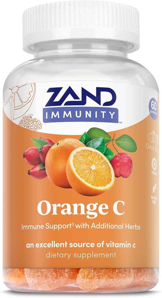 ZAND Immunity Orange Vitamine C Gommies, complément de soutien pour le bien-être et l'immunité, vitamine C à croquer avec bioflavonoïdes de citrus, rose HIPS et acérola, végétalien, sans gluten, garantie de 60 jours, 30 portions