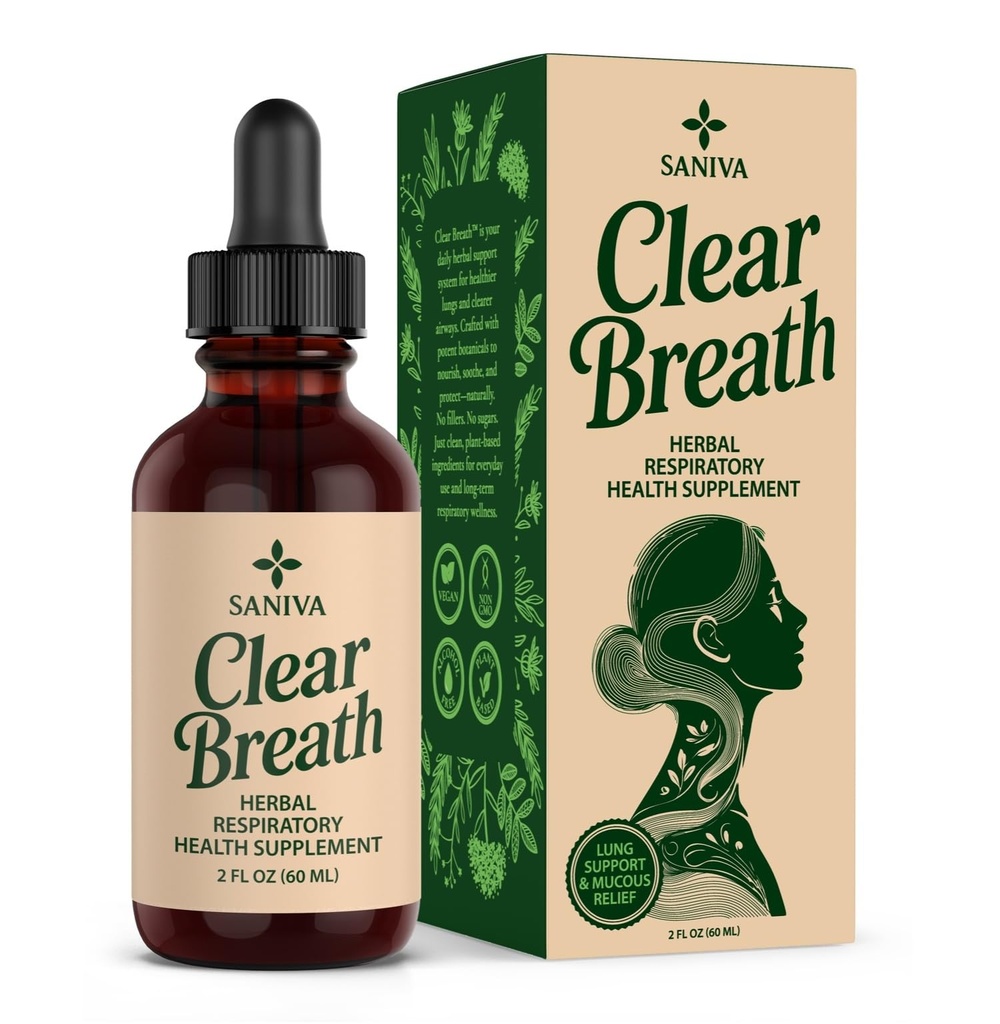 Clear Breath | Mullein Leaf Respiratory Support Drops | 6-Herb Proprietary Herbal Blend for Lung Support | Alcohol Free, Non-GMO Liquid Supplement | 30 Day Supply, 60 mL