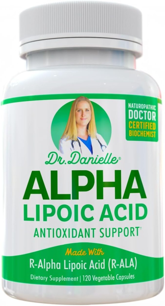 Acide alpha-lipoïque par Dr Danielle, Soutien de la neuropathie, non-OGM, sans gluten, végétalien, sans soja, favorise le sucre sanguin sain, acide alpha R Lipoïque R-ALA, R-ALA, 120 capsules de légumes