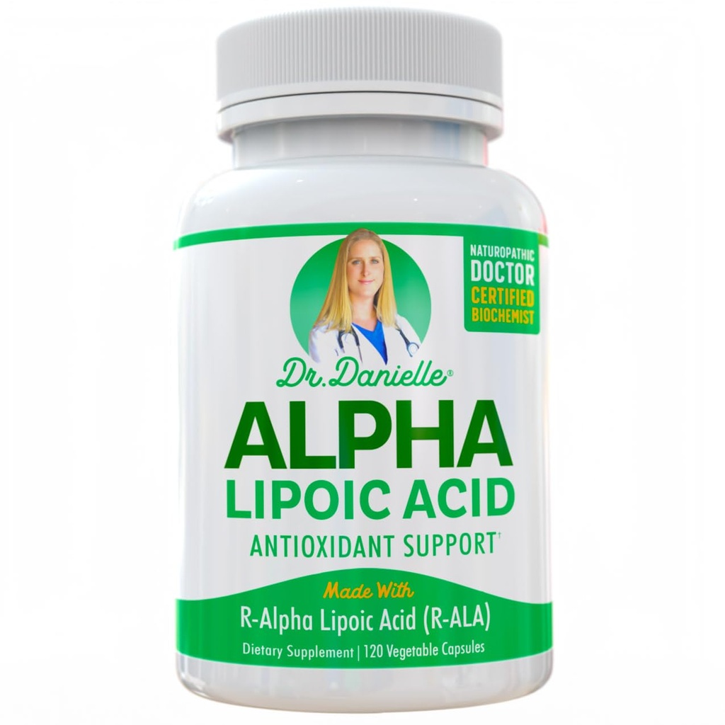 Acide alpha-lipoïque par Dr Danielle, Soutien de la neuropathie, non-OGM, sans gluten, végétalien, sans soja, favorise le sucre sanguin sain, acide alpha R Lipoïque R-ALA, R-ALA, 120 capsules de légumes