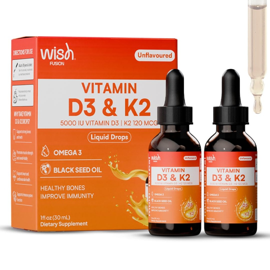 Liquid Vitamin D3 K2 Drops, 2 Pack Vitamin D Drops with Omega 3, 5000 IU D3, 120mcg K2, for Immune Support & Bone Health Black Seed Oil & Organic MCT, Liquid Multivitamin for Women & Men