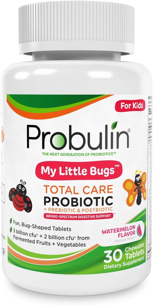 Probuline Soins Total Enfants Comprimés probiotiques à mâcher, Mes petits bogues Prébiotiques, probiotiques et postbiotiques Suppléments à la mâche, 5 milliards UFC, 15 souches, 30 bouteilles de comptage