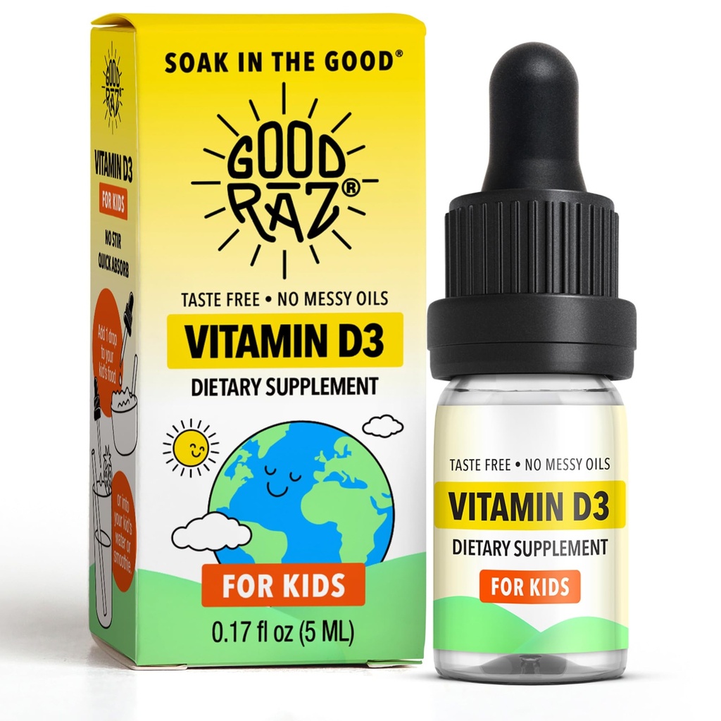 Good Rāz Vitamin D3 Drops for Kids 0.17 fl oz (5 ml) – Taste Free Liquid Dietary Supplement for Kids – Non-GMO, Gluten-Free, Kosher, Daily Liquid Vitamin in Easy Dropper Bottle