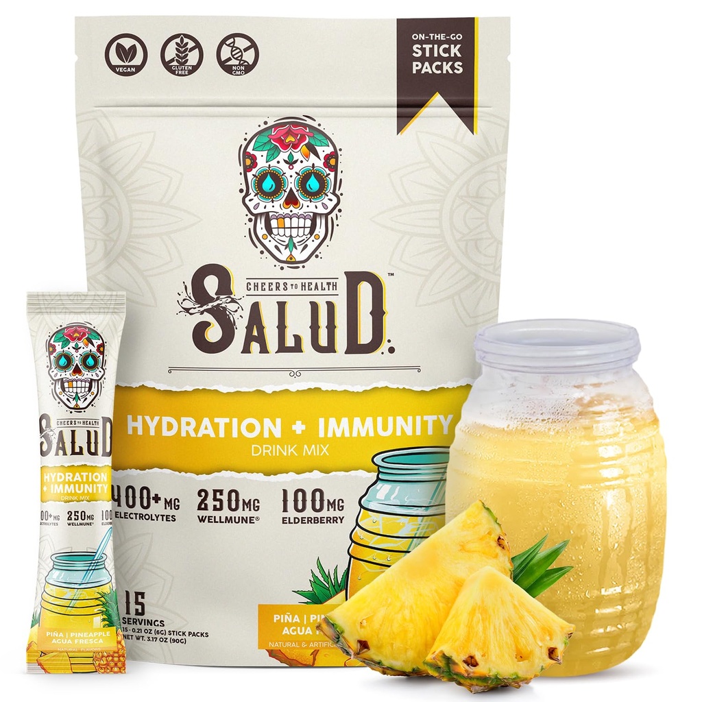 Salud 2-en-1 Packs d'hydratation + Immunity Electrolytes Poudre, Ananas - Agua Fresca Mélange de boissons, Elderberry, Sans produits laitiers et sans soja, Non-OGM, Sans gluten, Vegan, Faible calories, 1g de sucre (15 portions)