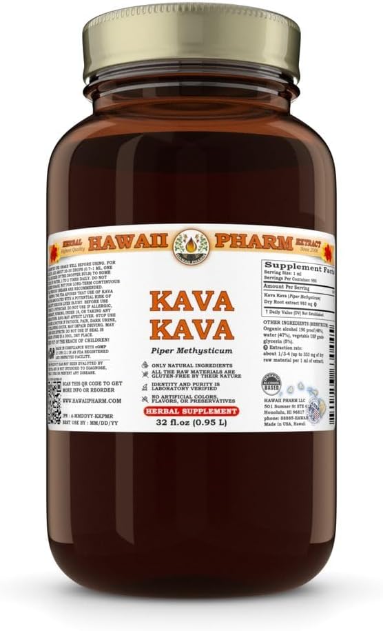 Hawaii Pharm Kava Kava Extrait liquide, Kava Kava (Piper Methysticum) Supplément de teinture 32 oz Non filtré