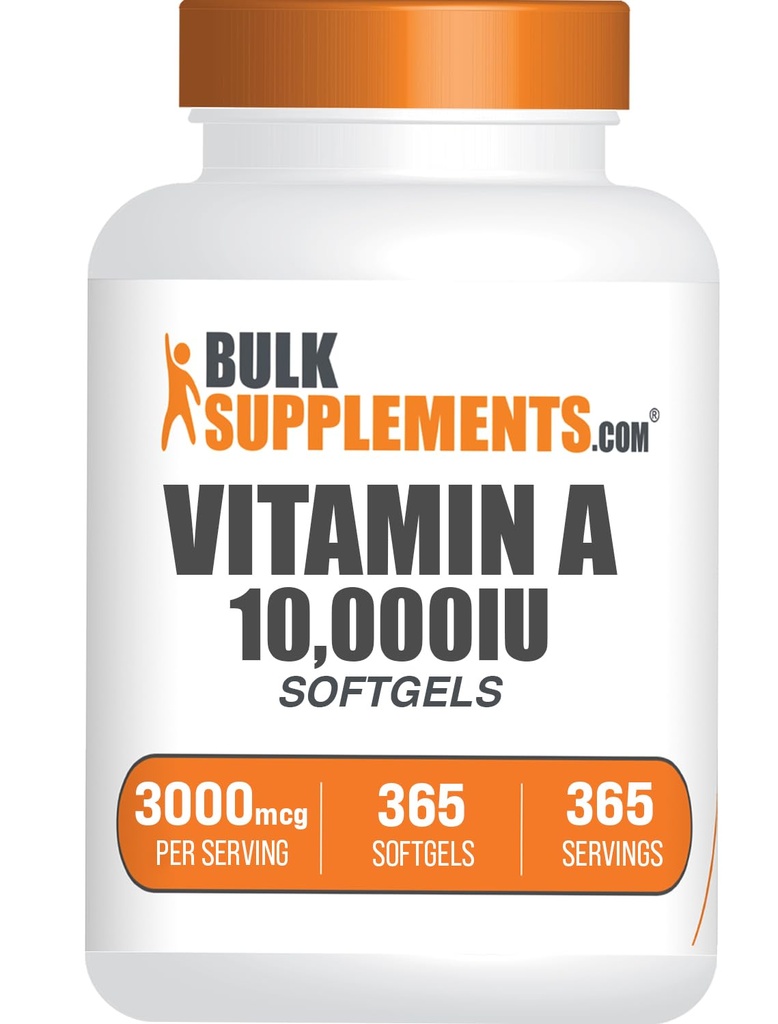 BulkSupplements.com Vitamine A 10000 UI Softgels - en tant que Palmitate de rétinyle, supplément de vitamine A - pour le soutien oculaire et immunitaire, sans gluten, 1 Softgel par portion, 365 Compte (paquet de 1)