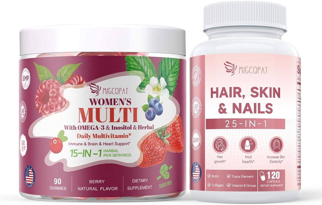 Femmes Multivitamine Gommies & Cheveux, Skin & Nails Supplément Bundle, Soutien Cerveau & Coeur, Gut & Digestion, Croissance des cheveux, Santé de la peau, Force des ongles