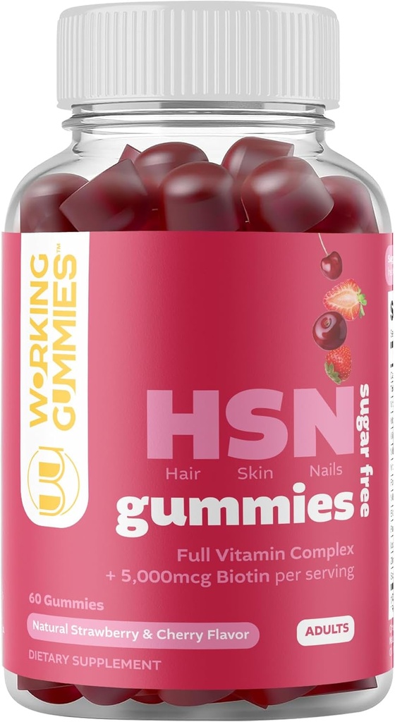 HSN Gummies - Hair Skin and Nails Gummies - Sugar Free Biotin Gummies 5000mcg with Full Vitamin Complex for Hair Growth, Healthy Skin, Nail Strength - 60 Ct Strawberry & Cherry Flavor