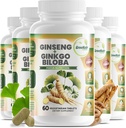 GreeNatr Ginko Biloba & Panax Ginseng Supplément - Ginseng rouge pour la mémoire et le focus - Ginkgo Biloba pour la bonne vision, le système immunitaire et l'amélioration du flux sanguin (360 comprimés: 6 bouteilles)