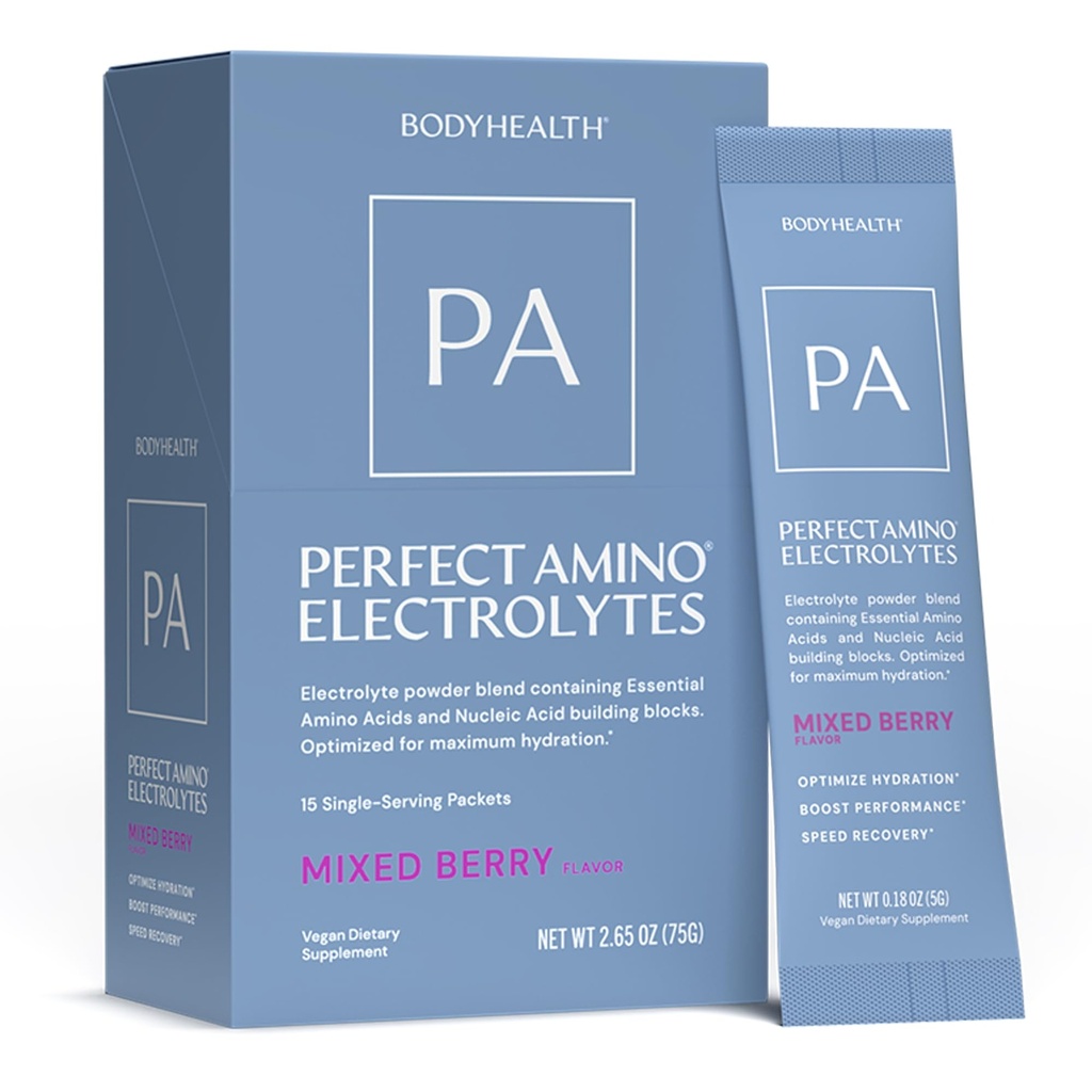 BodyHealth PerfectAmino Electrolyte Drink Mix – Mixed Berry – No Sugar, Keto & Fasting Friendly, Hydration with Trace Minerals – Stick Packs