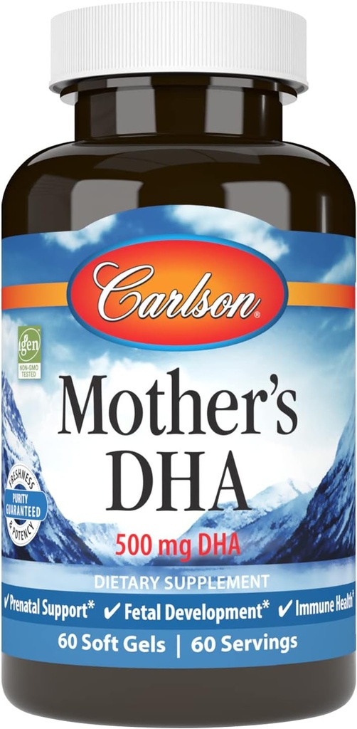 Carlson - DHA de la mère, 500 mg DHA, soutien prénatal, développement foetal et santé immunitaire, 60 Softgels