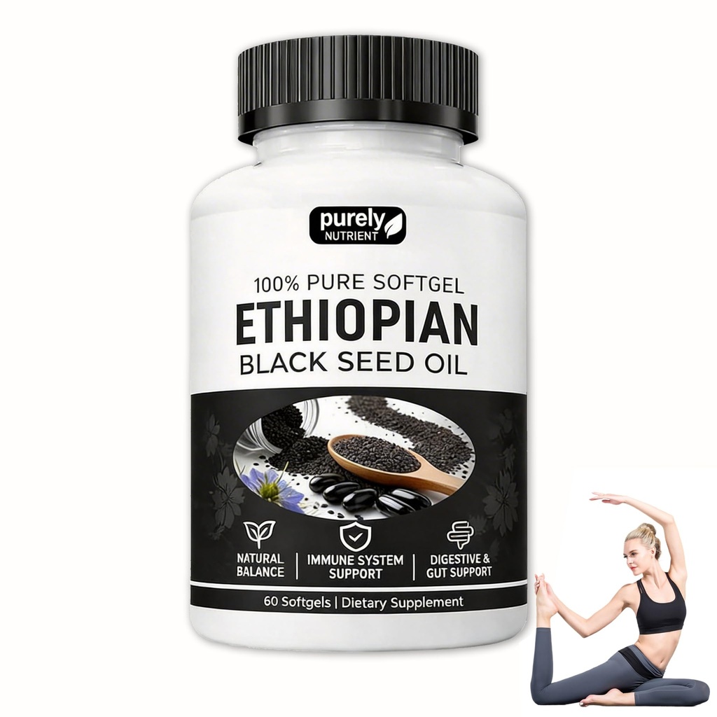 Ethiopian Black Seed Oil Capsules 4.64% Thymoquinone – Purely Nutrient Organic Cold Pressed Black Cumin Seed Oil Softgels, Non-GMO, Gluten-Free, 60 Softgels(1 Bottle)