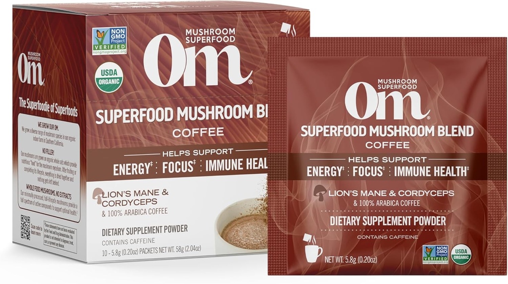 OM MUSHROOM SUPERFOOD Coffee Blend – Organic Arabica avec la Mane de Lion, Cordyceps, Reishi, Turquie Tail & Ginkgo Biloba – soutient l'énergie, le focus et la clarté mentale – Pack de service unique (10 comtes)