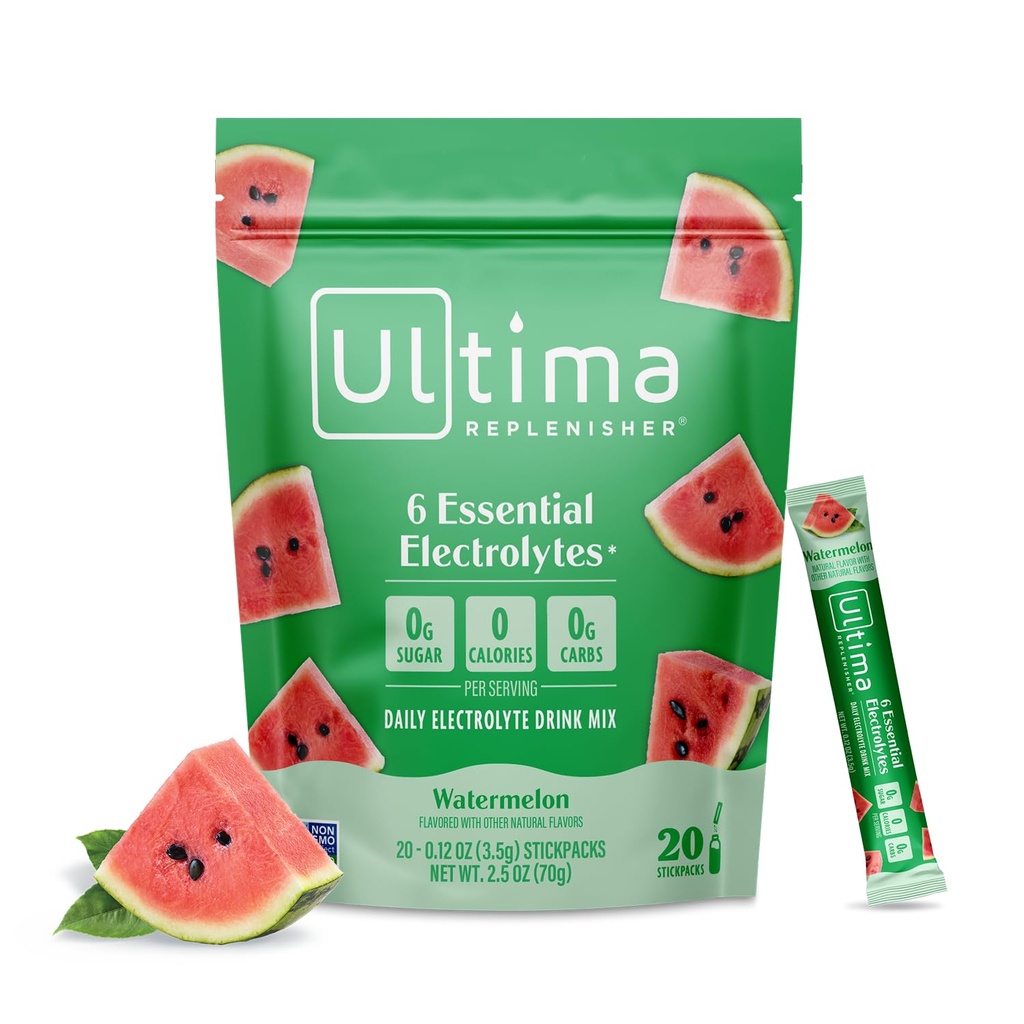 Ultima Replenisher Daily Electrolyte Powder – Watermelon, 20 Stickpacks – Zero Sugar Hydration Packets with 6 Electrolytes and Minerals – Sugar Free, Plant Based & Keto Friendly Drink Mix